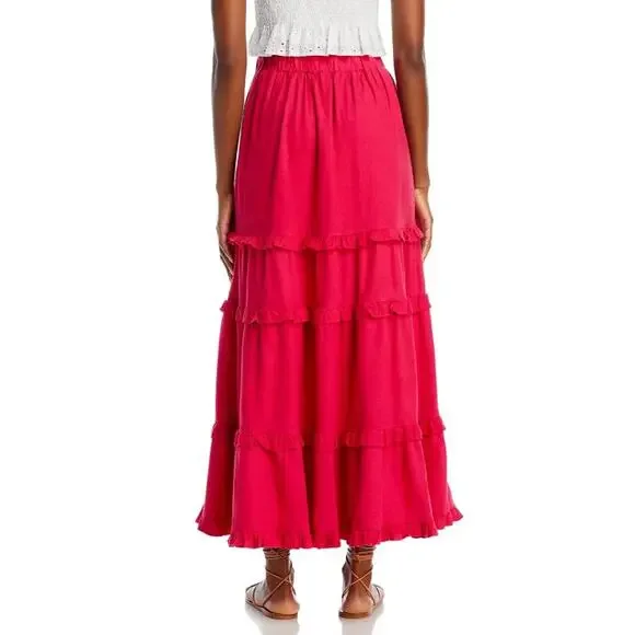 CUPIO WOMENS SIZE MEDIUM RUFFLE TIERED LINED MAXI SKIRT BRIGHT ROSE PINK NEW - Picture 2 of 11